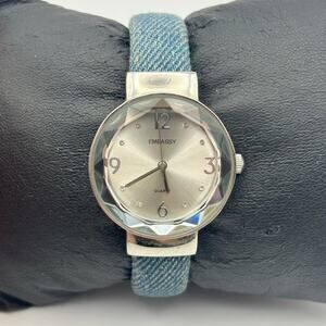 Vintage Embassy Women’s Quartz Watch Faceted Crystal Bezel Blue Denim Strap